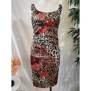 Vtg Y2K Signature by Sangria Animal Leopard Floral Satin Ruched Wiggle Dress 4